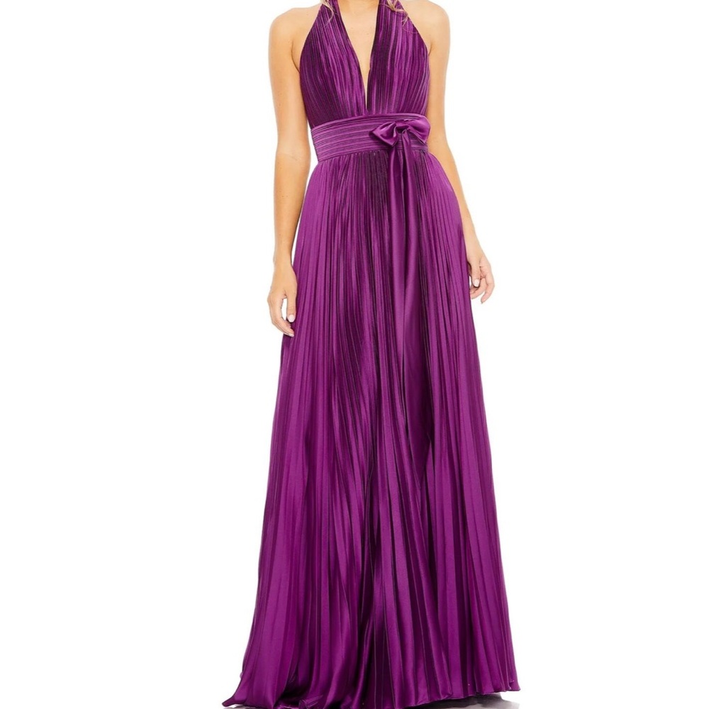 Mac Duggal 11636 Plum Pleated Halter Gown Size 12 Formal Dress Worn Once